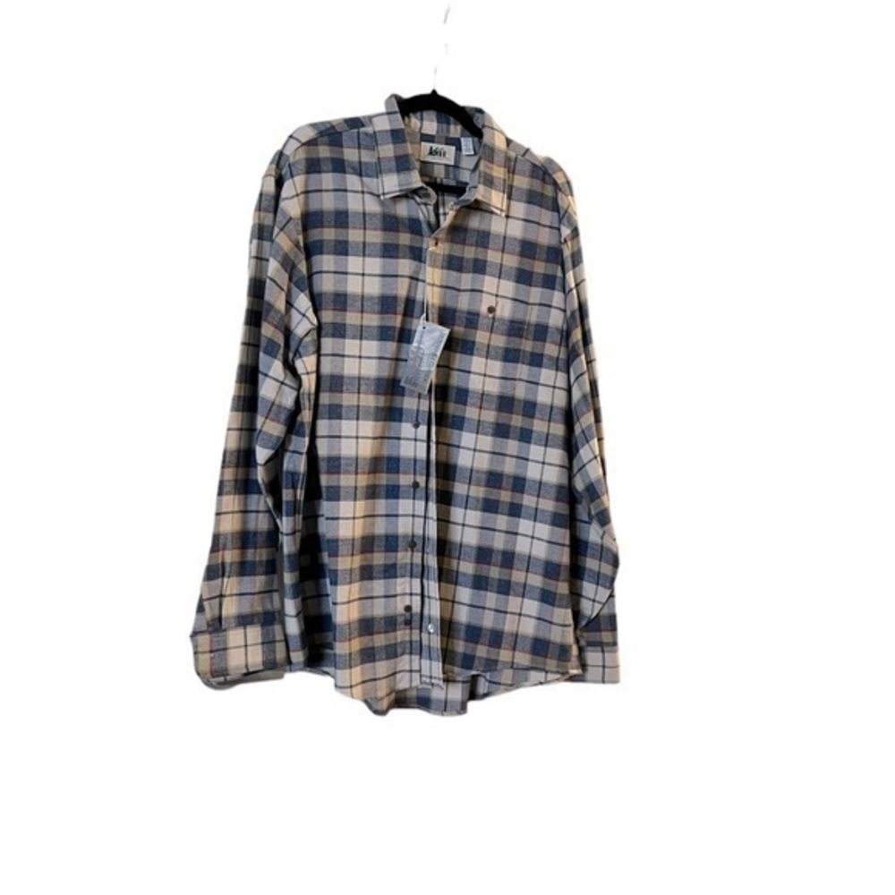 NWT REI Co-Op 100% Cotton Blue & Cream Plaid Flannel Shirt